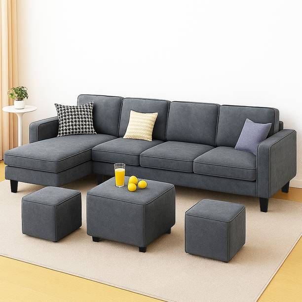 FURNY Arlo 8 Seater Fabric LHS L Shape Sofa Set with 1 Centre Table & 2 Puffy Fabric 8 Seater  Sofa
