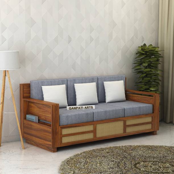 Ganpati Arts Premium Quality Sheesham Wood Sofa For Living Room with Cushion/1-Year Warranty/ Fabric 3 Seater  Sofa