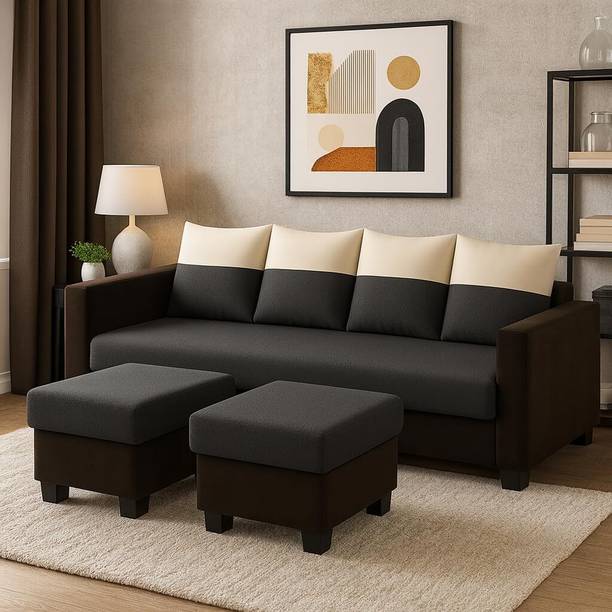 FURNY Konva 4 Seater Modular Sofa Set with 2 Ottoman| Soft Velvet Fabric| Modern Sofas Fabric 4 Seater  Sofa