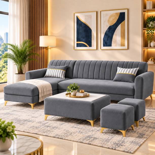 ADORN INDIA Adorn India Luster 8 Seater L Shape Sofa | LHS | Dark Grey | 2 Puffy & Table Fabric 8 Seater Sofa