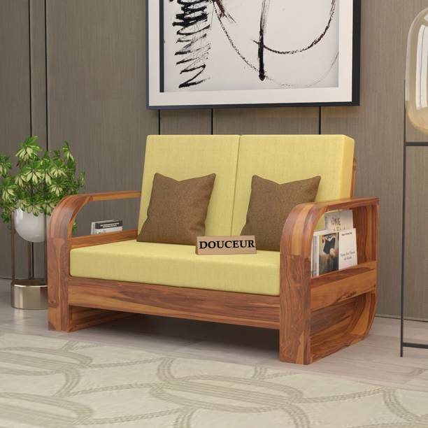 Douceur Furnitures Solid Sheesham Wood Two Seater Sofa With Flat Cushion For Living Room, Office Fabric 2 Seater  Sofa