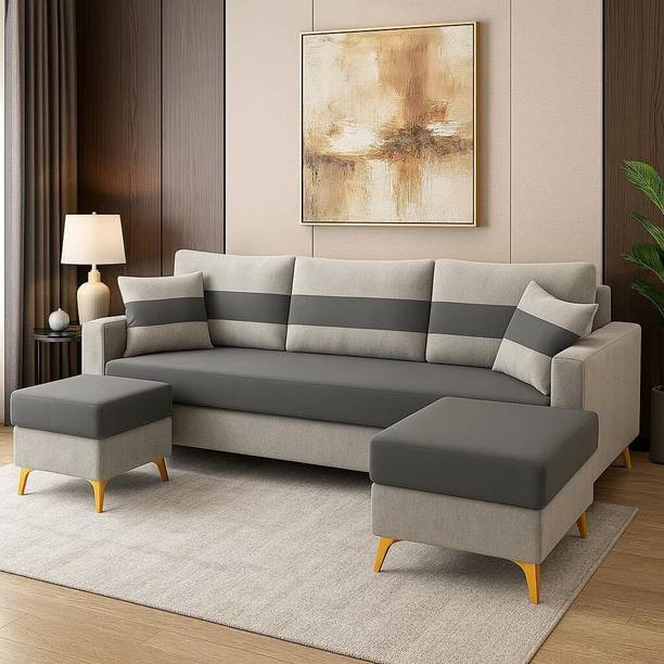 FURNY Bastian 3 Seater Modular Sofa Set with 2 Ottoman| Soft Velvet | Modern Design Fabric 3 Seater  Sofa