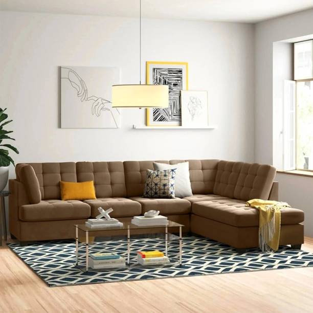 Groovecraft Dawan Wooden L Shaped Sectional Sofa for Living Room Fabric 6 Seater  Sofa