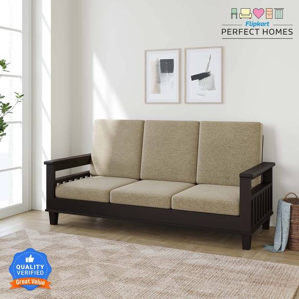 Flipkart Perfect Homes Sheesham Wood Three Seater Sofa With Pocket Storage For Living Room/ Office || Fabric 3 Seater  Sofa