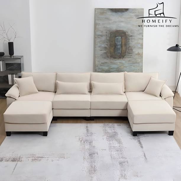 Groovecraft Elina U-Shape Reversible Cushions Couch with Ottomans Fabric 6 Seater Sofa