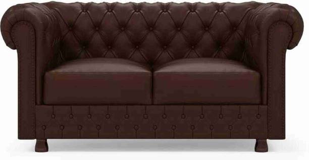 India wood mart Wooden Modern Chesterfield Sofa with Deep Seat Dark Brown Tufted Mattress. Half-leather 2 Seater  Sofa