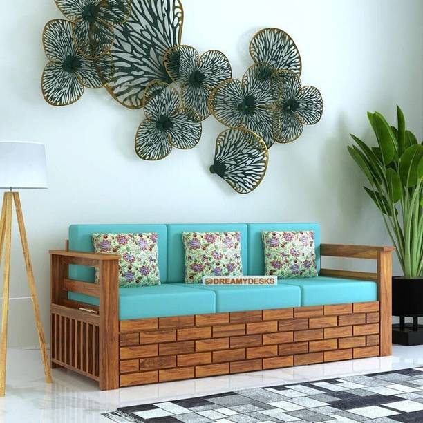 Dreamydesks Solid Wood 3 Seater Sofa with Side Pockets with Cushions for Living Room Solid Wood 3 Seater  Sofa