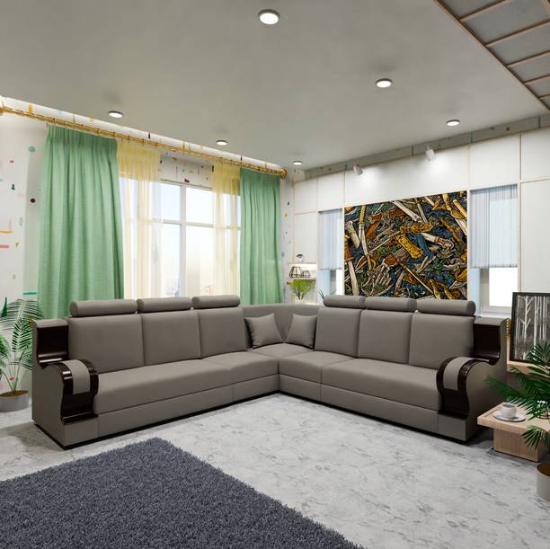 Sekar Lifestyle L Shape Corner Wooden Handles Fabric 6 Seater  Sofa