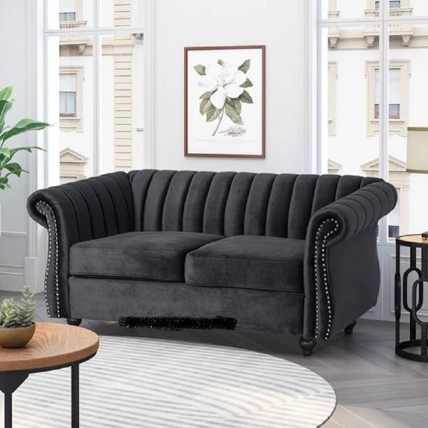 India wood mart Wood Velvet 2 Seater Modern Chesterfield Sofa Bedroom,Office,Apartment Black Half-leather 2 Seater  Sofa