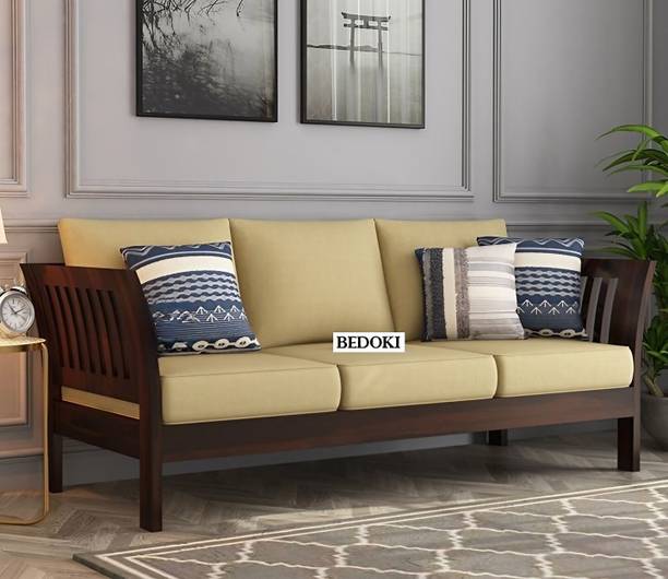 BEDOKI Sheesham Wood Three Seater Luxury Sofa For Living Room, Hotel, Café. Fabric 3 Seater  Sofa