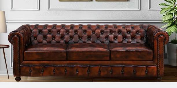 Amberville From Pepperfry Miceli Leather 3 Seater Sofa/Wooden 3 Seater Sofa For Home Leather 3 Seater  Sofa