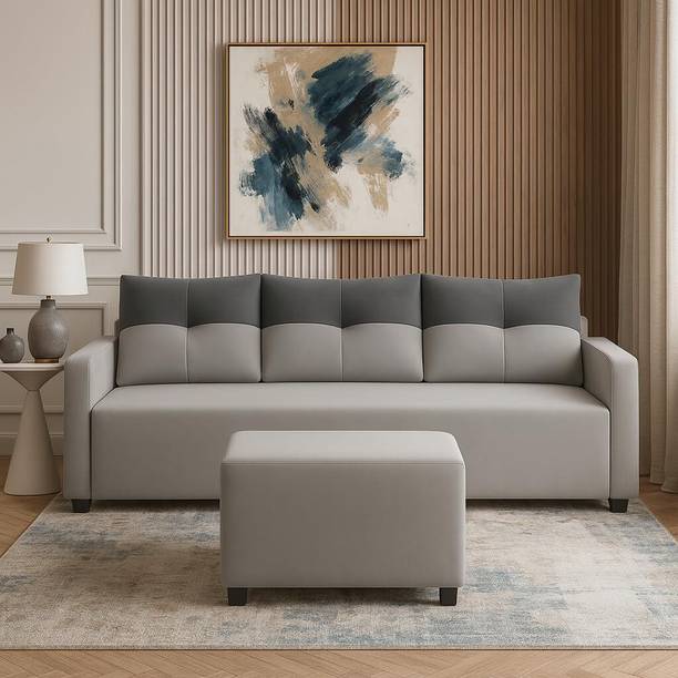 FURNY Belvris 3 Seater Modular L Shape Sofa Set with Ottoman| Soft Velvet Fabric Fabric 3 Seater  Sofa