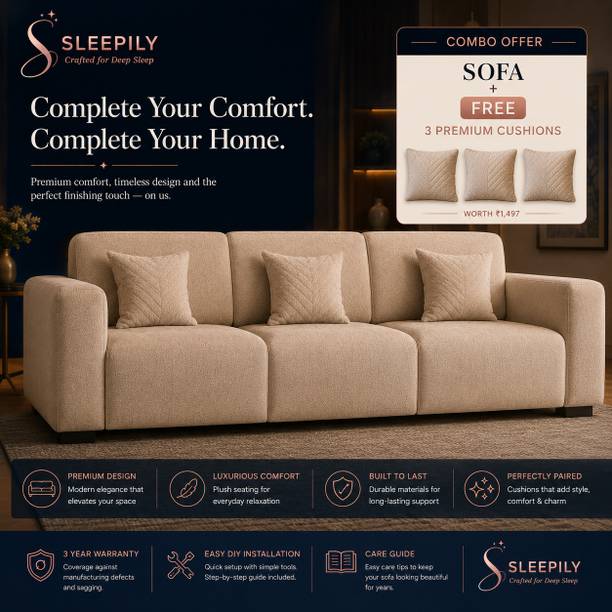 Sleepily Bloq Premium Modern Fabric Sofa with cushioned seating for Living Room Fabric 3 Seater  Sofa