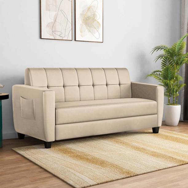 ARRA Remo Fabric Tufted Back Three Seater Sofa Beige Fabric 3 Seater  Sofa