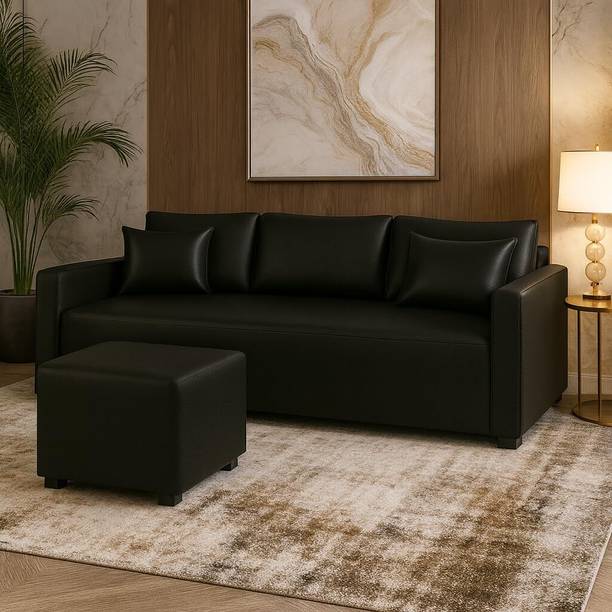 FURNY Travis 3 Seater Modular L Shape Sofa Set with Ottoman| Leatherette Upholstery Fabric 3 Seater  Sofa
