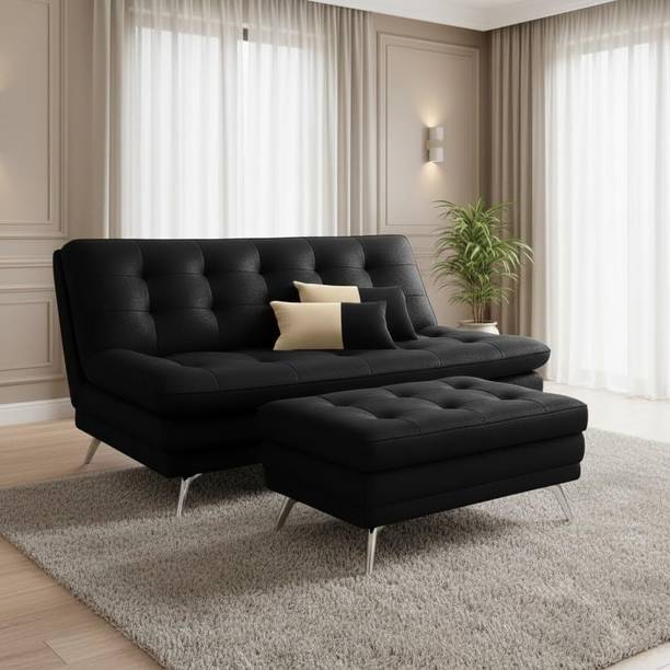 FURNY Supersoft 3 Seater Fabric Sofa Cum Bed with Ottoman Black Premium Velvet Finish Fabric 3 Seater  Sofa