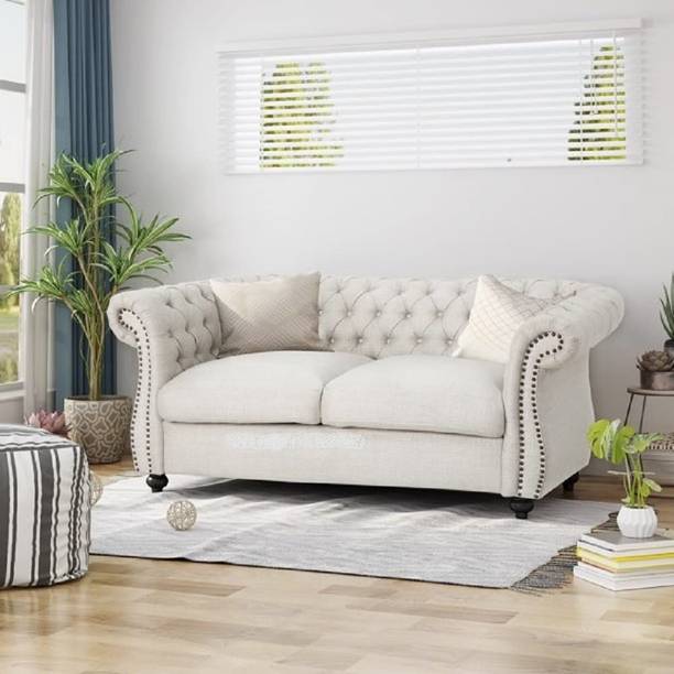 India wood mart Wood Velvet 2 Seater Modern Chesterfield Sofa Bedroom,Office,Apartment White Half-leather 2 Seater  Sofa