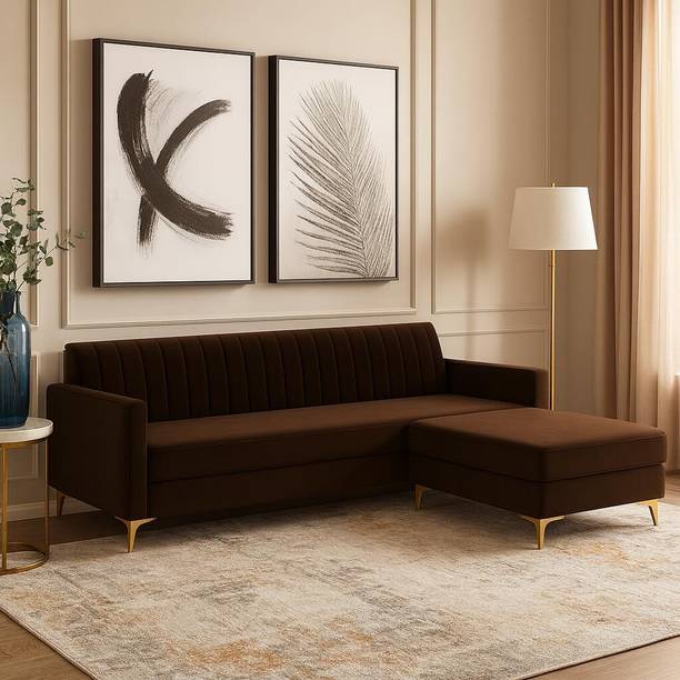 FURNY Morello 3 Seater Modular L Shape Sofa Set with Ottoman| Soft Velvet Suede Fabric Fabric 3 Seater  Sofa