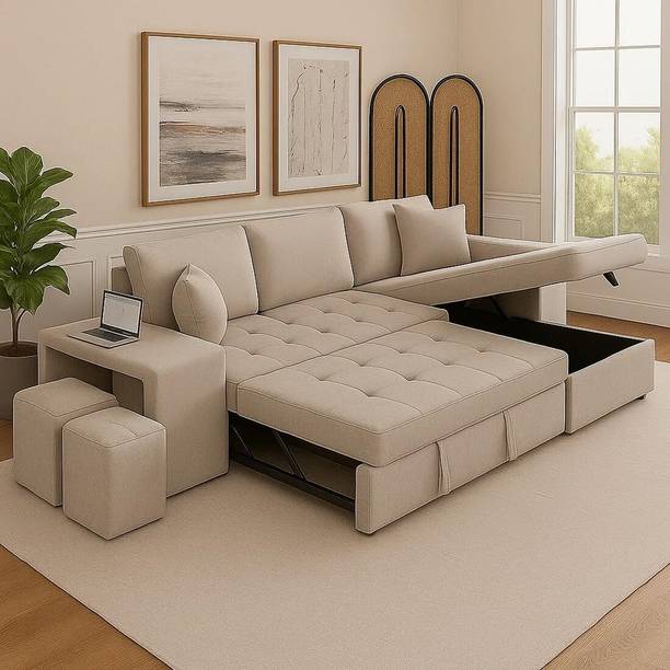 FURNY Holland 6 Seater Fabric RHS L Shape Pull Out Sofa Cum Bed with Storage & 2 Puffy Fabric 6 Seater  Sofa