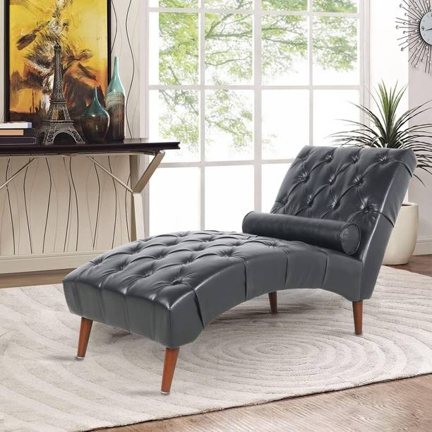 India wood mart Wood Chaise Lounge Diwan Chaise Couch Sofa Wood Legs Black Leatherette Sofa Leatherette 2 Seater  Sofa
