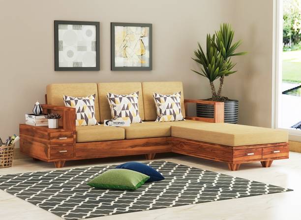 Wopno Furniture Pure Sheesham Wooden 5 Seater Sofa with Side Box Storage for Living Roo Fabric 5 Seater  Sofa