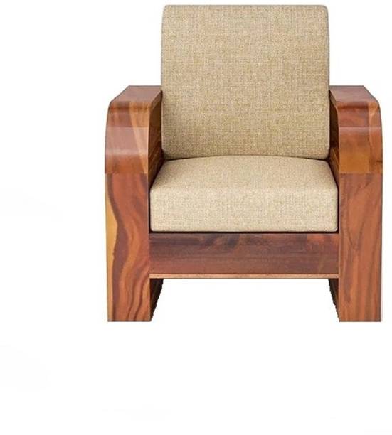 VIVENTO Sheesham Wood One Seater Sofa With Round Leaf Style Arms & Side Pocket Storage | Fabric 1 Seater  Sofa