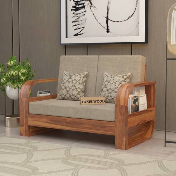 TAKELWOOD LEAFY Solid Sheesham Wood Two Seater Sofa With Round Arm & Pocket Storage Space| Fabric 2 Seater  Sofa
