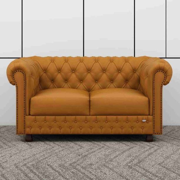 India wood mart Wooden Chesterfield Modern Sofa with Deep Seat and Tufted Mattress Musterd Half-leather 2 Seater  Sofa