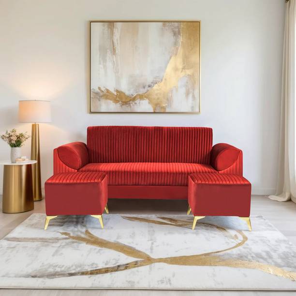 Seventh Heaven Venice 5 Seater Sofa with 2 Ottoman, Premium Velvet Fabric: 2 Year Warranty Fabric 3 + 1 + 1 Sofa Set