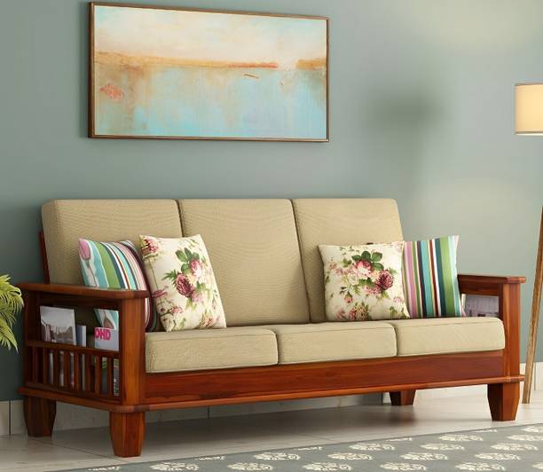 Wopno Furniture Pure Sheesham Wooden 3 Seater Sofa For Living Room Solid Wood 3 Seater Sofa Fabric 3 Seater  Sofa