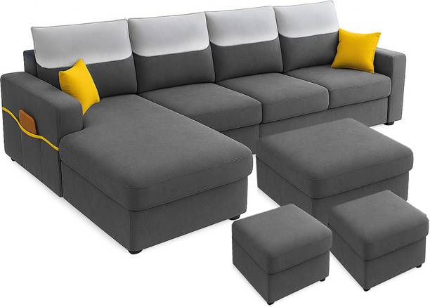 FURNY Tokyo 8 Seater Fabric LHS L Shape Sofa Set with 1 Centre Table & 2 Puffy Fabric 8 Seater  Sofa