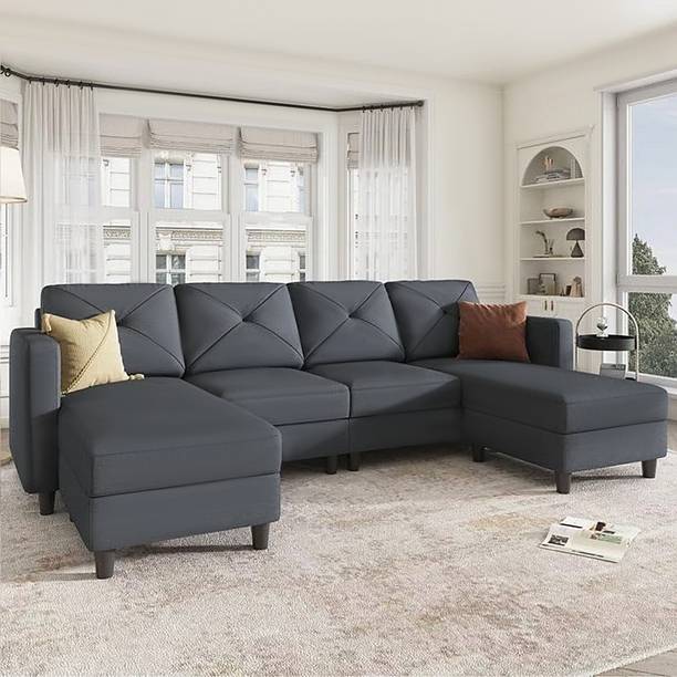 Groovecraft Arba U Shaped Sectional Couch Upholstered Sofa Couch with Chaise for Living Room Fabric 6 Seater  Sofa