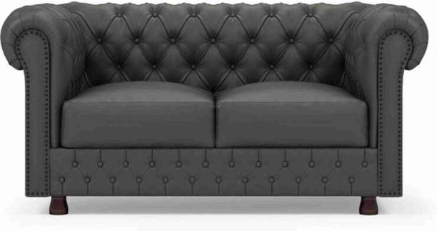 India wood mart Wooden Modern Chesterfield Sofa with Deep Seat Grey Tufted Mattress. Half-leather 2 Seater  Sofa