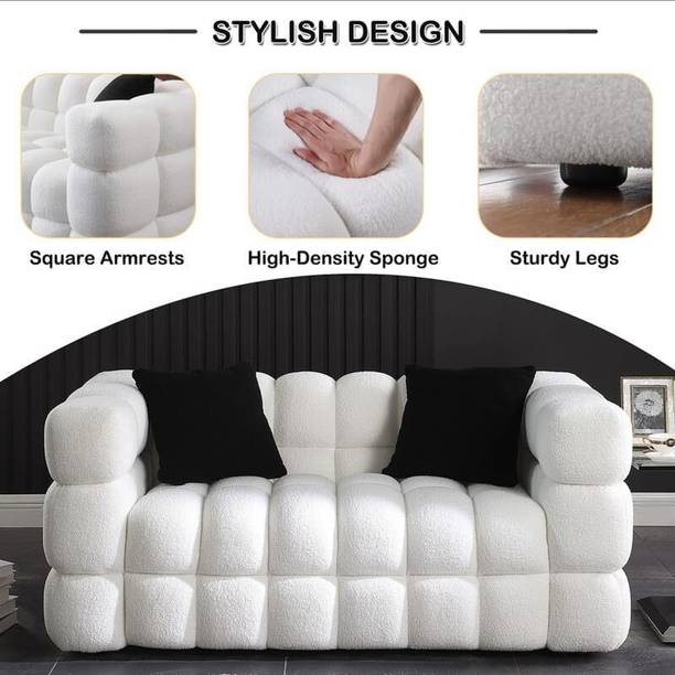 Soul Light Art Wooden Sofa 2 Pillows Deep Seat Couch Living Room Bedroom, White Fabric 2 Seater  Sofa