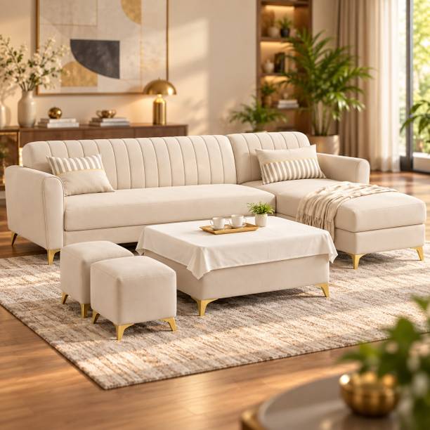 ADORN INDIA Adorn India Luster 8 Seater L Shape Sofa | RHS | Cream | 2 Puffy & Table Fabric 8 Seater Sofa
