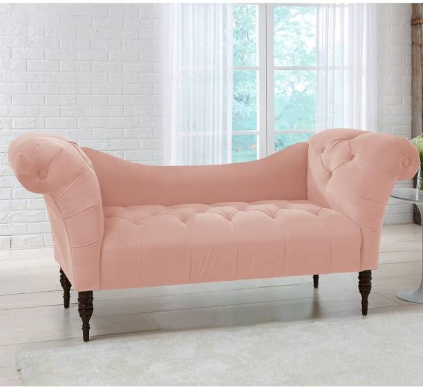 India wood mart Chesterfield Tufted Couch Chaise Lounge Soft Fabric Wooden Legs Light Pink Fabric 2 Seater  Sofa
