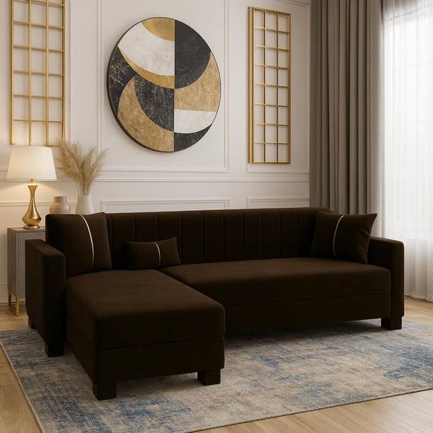 FURNY Almeria 4 Seater LHS L Shape Sofa Set| Soft Velvet Suede Fabric| Modern Design Fabric 4 Seater Sofa