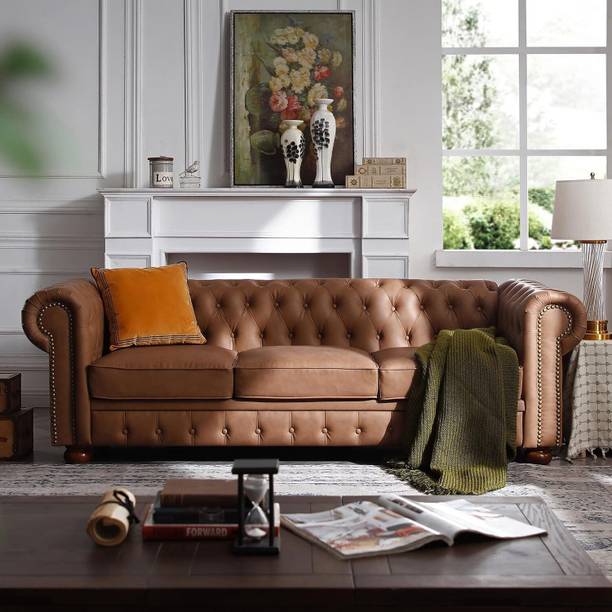 Soul Light Art Wooden Modern Sofa Tufted Couch with Deep Seats,Chesterfield living room Leatherette 3 Seater  Sofa