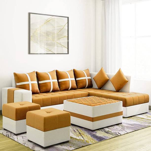 WAKESURE Premium Quality L Shape RHS With Center Table and Puffy Velvet Fabric 8 Seater  Sofa