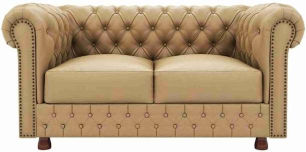 India wood mart Wooden Modern Chesterfield Sofa with Deep Seat Beige Tufted Mattress. Half-leather 2 Seater  Sofa