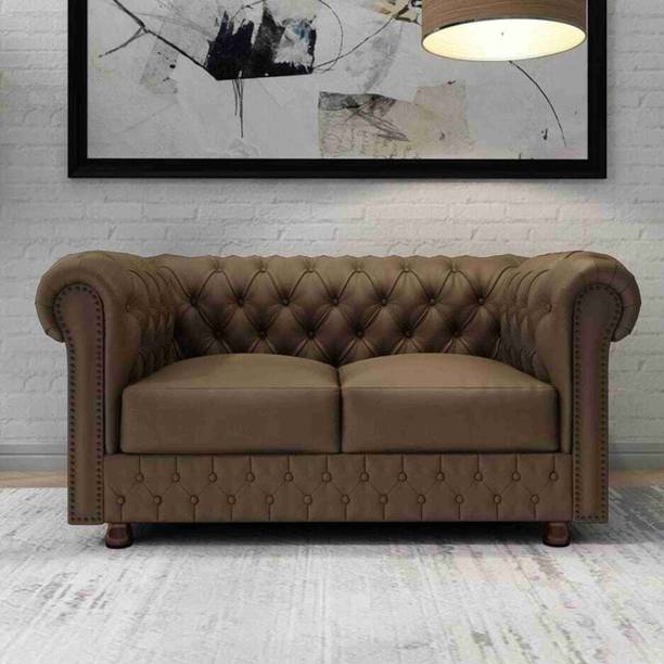India wood mart Wooden Chesterfield Modern Sofa with Deep Seat and Tufted Mattress Grey Half-leather 2 Seater  Sofa