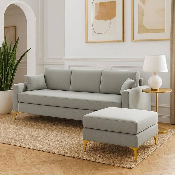 FURNY Bravelle 3 Seater Modular Sofa Set with 1 Ottoman| Soft Velvet |Golden Legs Fabric 3 Seater  Sofa
