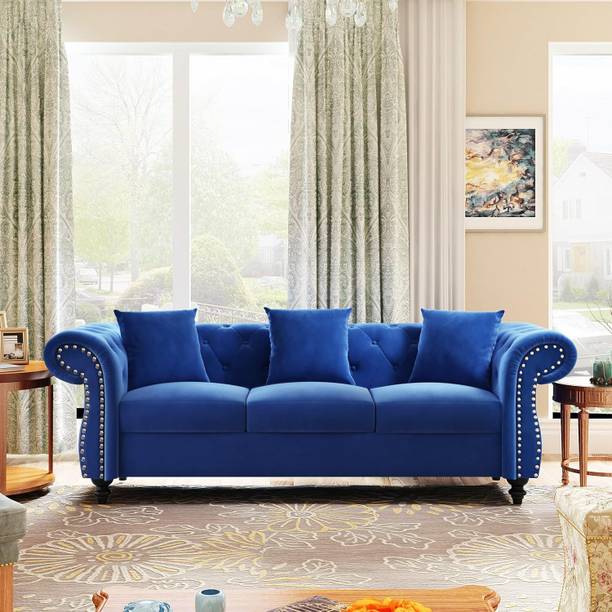 India wood mart Chesterfield Tufted Sofa with Scroll Arms, 3-Seater Fabric 3 Seater  Sofa