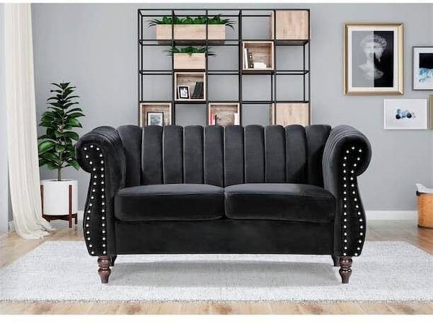 India wood mart Wooden Chesterfield Sofa for Living Room,Guest Room,Hotels 2-Person Sofa Black Half-leather 2 Seater  Sofa