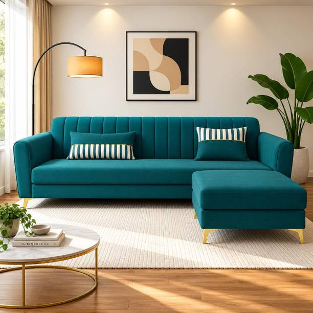 ADORN INDIA Adorn India Luster 4 Seater L Shape Sofa | Ocean Blue Velvet Suede | Golden Legs Fabric 4 Seater  Sofa