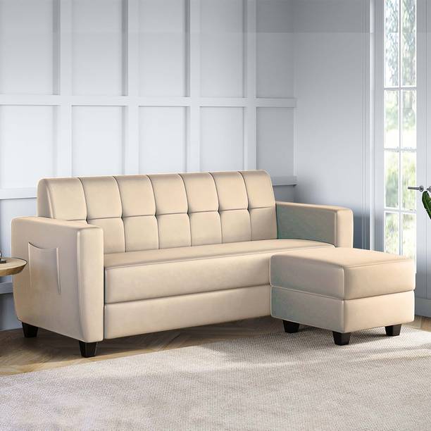 ARRA Remo Tufted Back Three Seater Sofa With Ottoman in Beige Color Fabric 4 Seater  Sofa