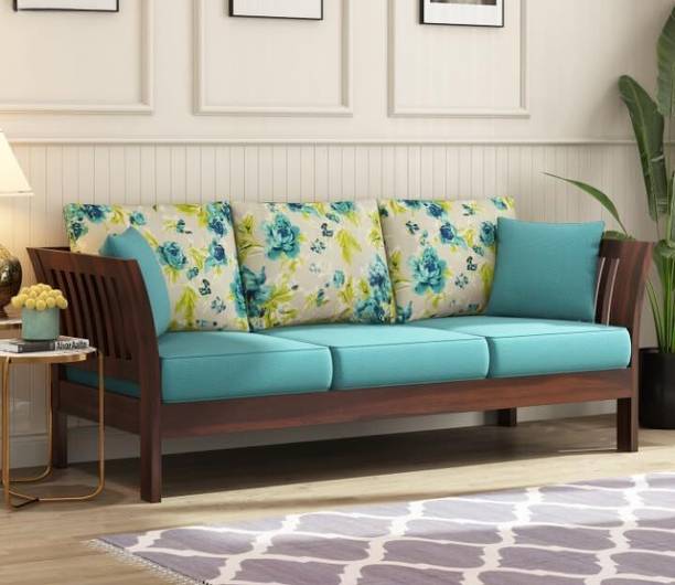 Ratandhara Furniture Solid Sheesham Wooden 3 Seater Sofa for Living Room - Sofa with Blue Cushions | Fabric 3 Seater  Sofa