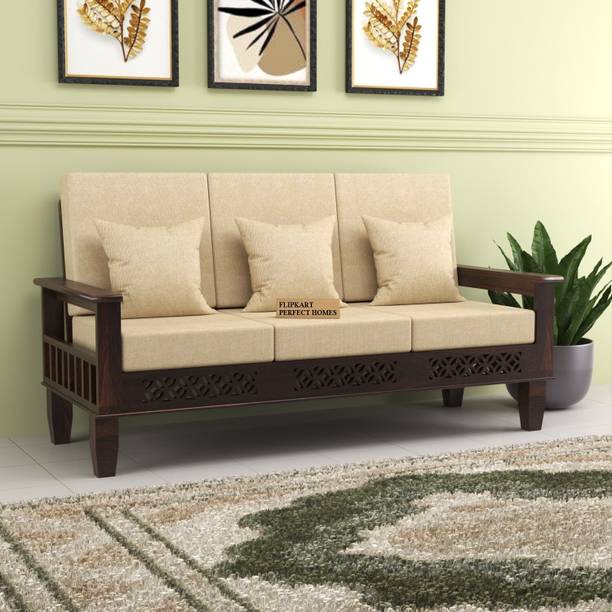 Flipkart Perfect Homes CNC Cutting Designed Sheesham Wood Three Seater Sofa With Side Pocket Storage | Fabric 3 Seater  Sofa