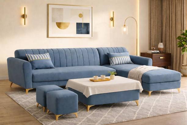 ADORN INDIA Adorn India Luster 8 Seater L Shape Sofa | RHS | Grey | 2 Puffy & Table Fabric 8 Seater Sofa