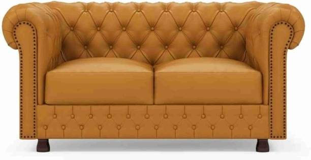 India wood mart Wooden Modern Chesterfield Sofa with Deep Seat and Yellow Tufted Mattress Half-leather 2 Seater  Sofa